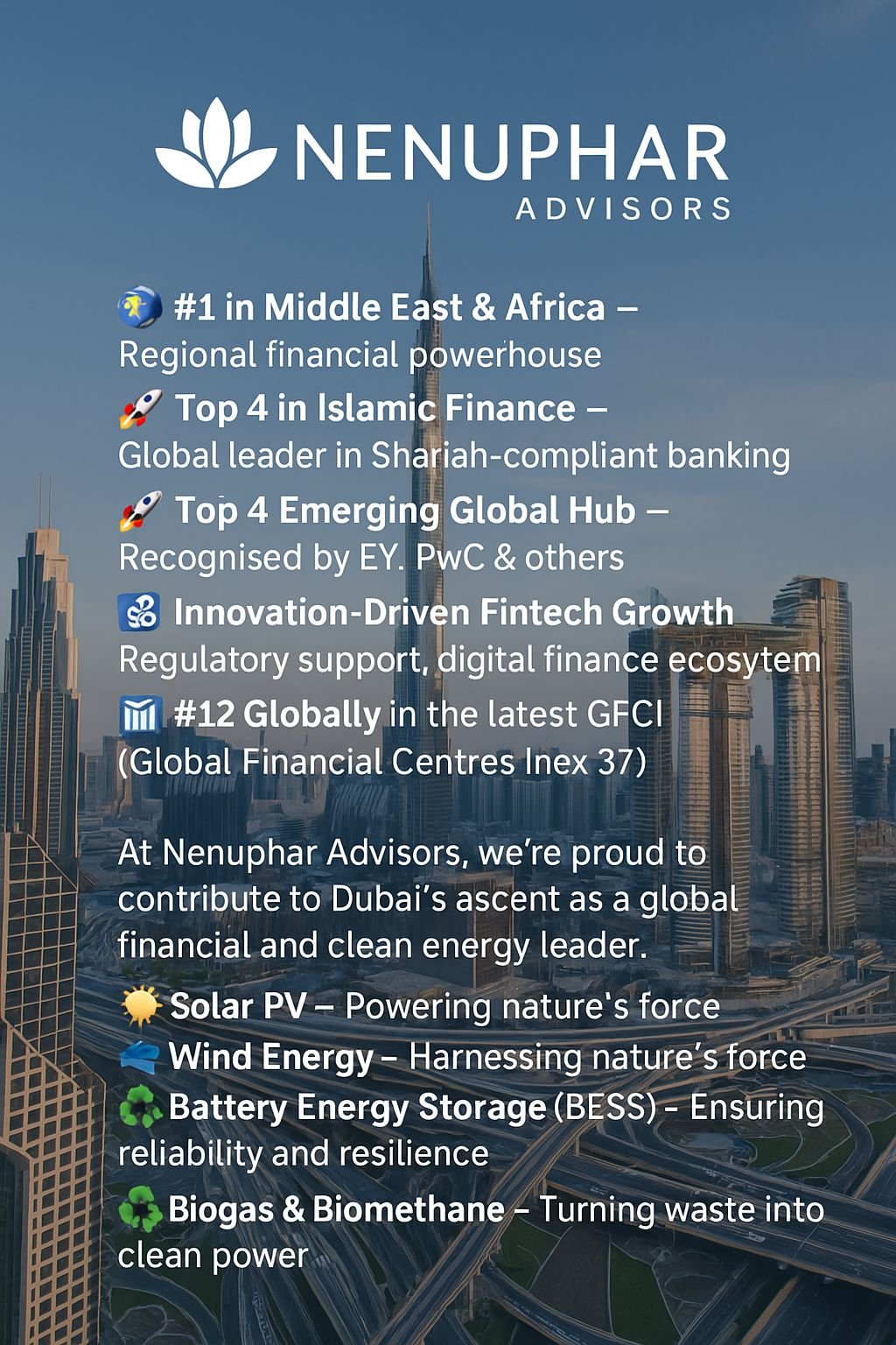 Dubai: The Rising Star of Global Finance & Clean Energy Development Services proudly made by Nenuphar Advisors