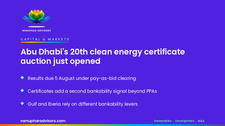 Nenuphar Advisors branded card: Abu Dhabi's 20th Clean Energy Certificates auction and Gulf bankability
