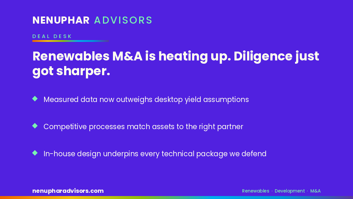 Nenuphar Advisors branded card: Renewables M&A is heating up, diligence just got sharper