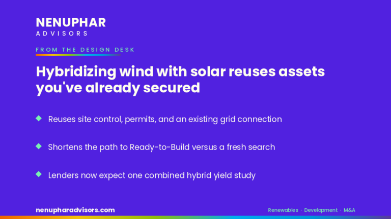Nenuphar Advisors branded LinkedIn card: Hybridizing wind with solar reuses assets you've already secured
