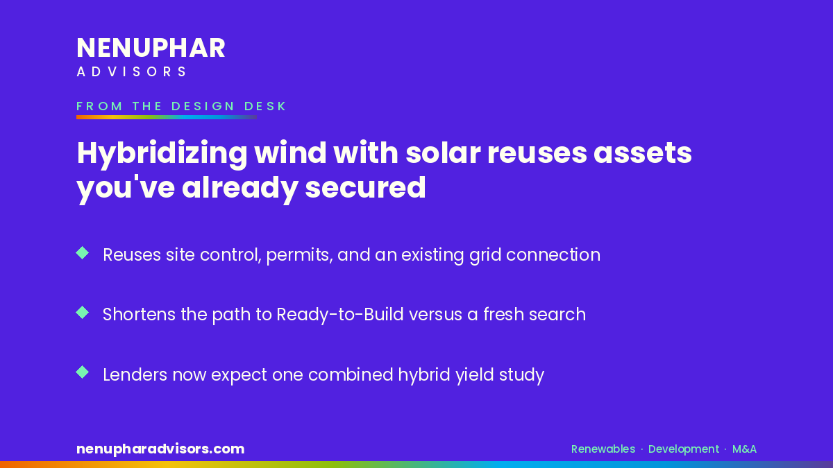 Nenuphar Advisors branded LinkedIn card: Hybridizing wind with solar reuses assets you've already secured