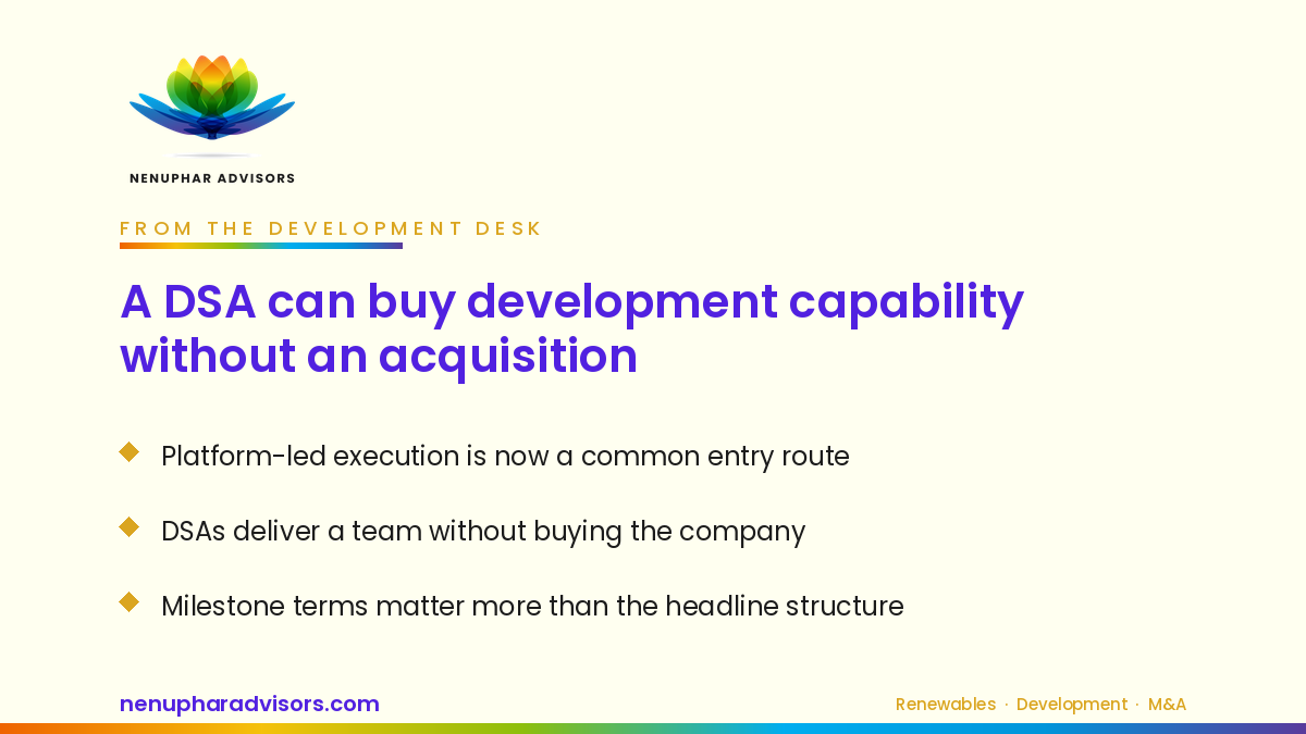 Nenuphar Advisors branded card: development services agreements as an alternative to platform acquisitions