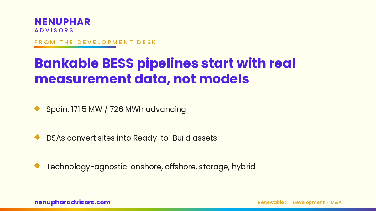 Branded card: bankable BESS pipelines start with real measurement data, not models — Nenuphar Advisors