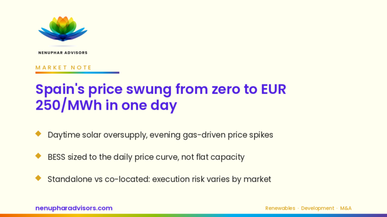 Nenuphar Advisors branded card: Spain daytime-nighttime power price spread and BESS economics