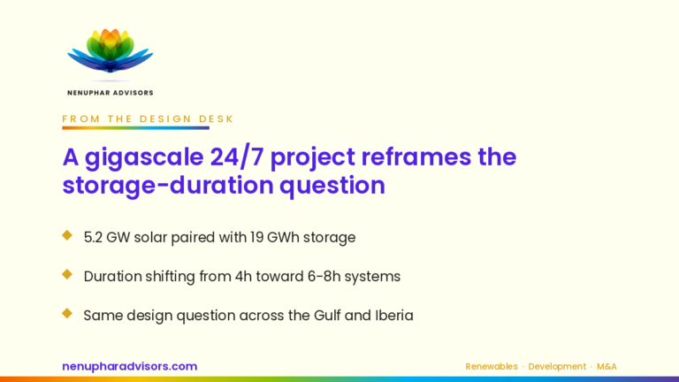 Nenuphar Advisors LinkedIn card: gigascale 24/7 project and storage duration design note