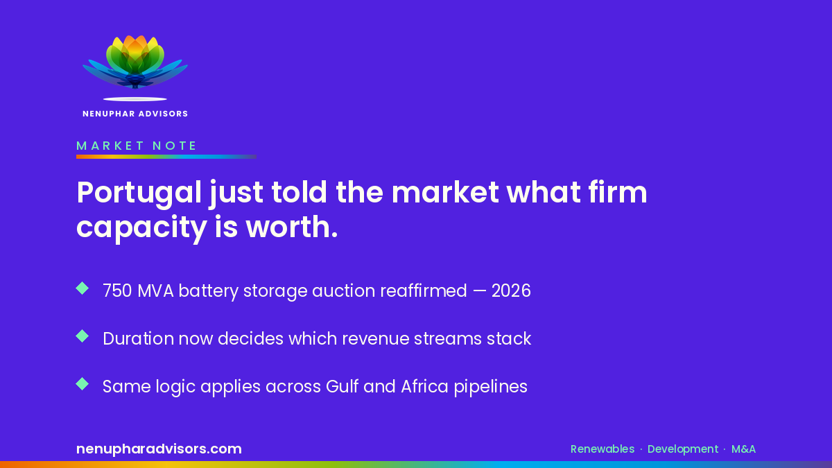 Nenuphar Advisors LinkedIn card: Portugal just told the market what firm capacity is worth - BESS storage duration economics