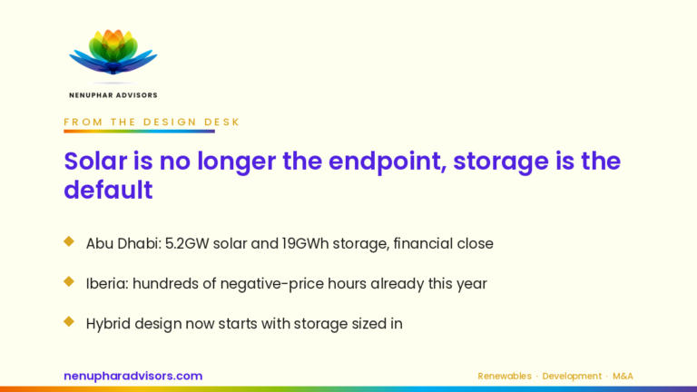 Nenuphar Advisors branded LinkedIn card — From the design desk: solar is no longer the endpoint, storage is the default
