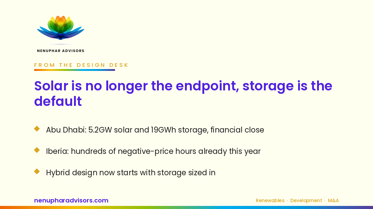 Nenuphar Advisors branded LinkedIn card — From the design desk: solar is no longer the endpoint, storage is the default