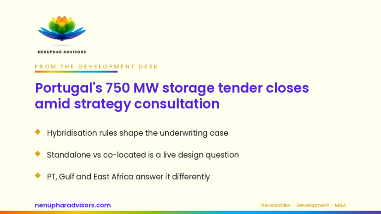 Branded Nenuphar Advisors LinkedIn card: Portugal's 750 MW storage tender closes amid strategy consultation