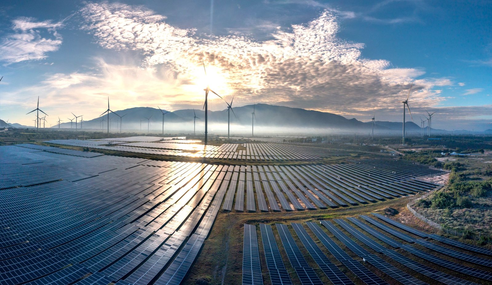 Solar panels and wind turbine
