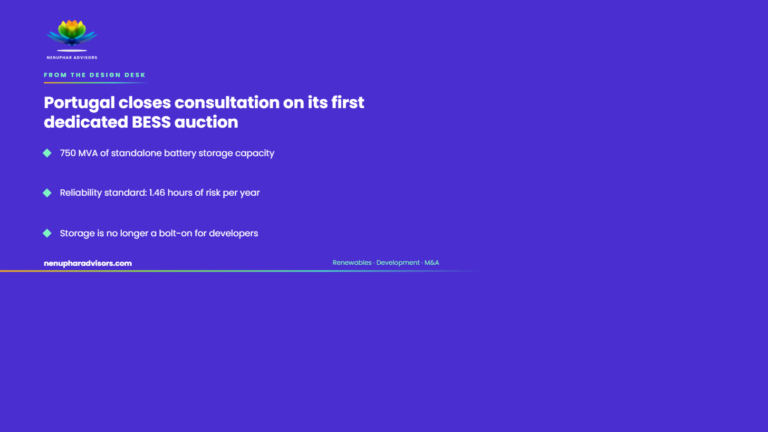 Nenuphar Advisors branded LinkedIn card: Portugal closes consultation on its first dedicated BESS auction