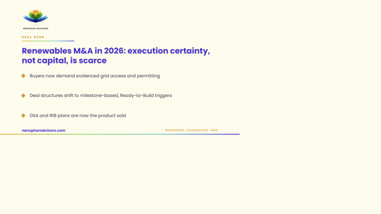 Nenuphar Advisors branded LinkedIn card: Renewables M&A in 2026, execution certainty not capital is scarce