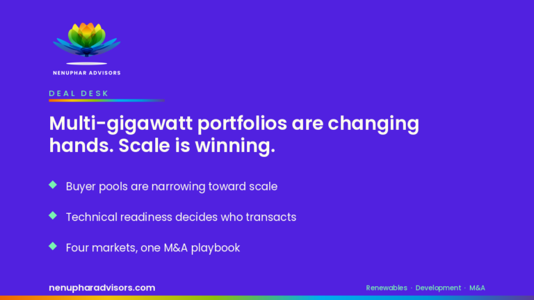 Nenuphar Advisors branded card: Multi-gigawatt renewables portfolios are changing hands as capital consolidates around scale.