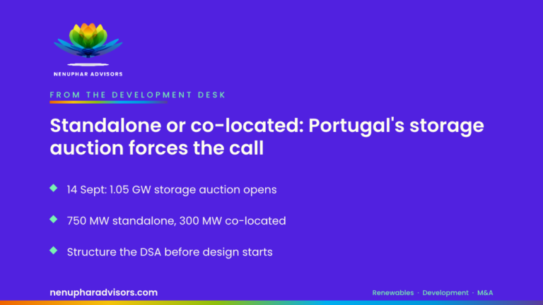 Nenuphar Advisors branded card: Standalone or co-located — Portugal's 1.05 GW storage auction on 14 September forces the development call