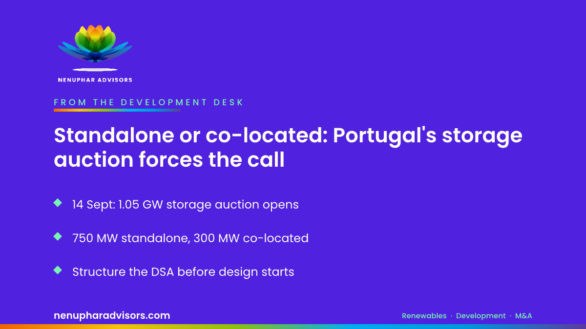 Nenuphar Advisors branded card: Standalone or co-located — Portugal's 1.05 GW storage auction on 14 September forces the development call