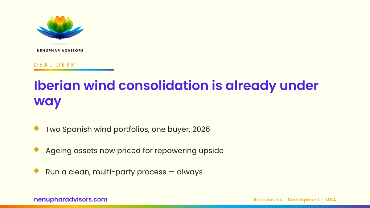 Nenuphar Advisors branded card: Iberian wind consolidation is already under way — two Spanish wind portfolios, one buyer, 2026